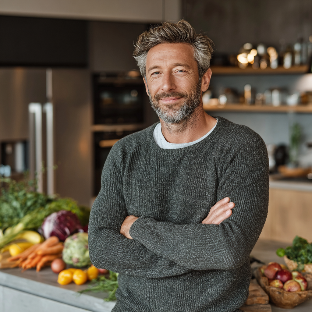 Confident middle-aged man in his late 40s wearing casual clothes, standing in a modern kitchen with fresh fruits and vegetables on the counter, natural morning light creating a healthy lifestyle atmosphere