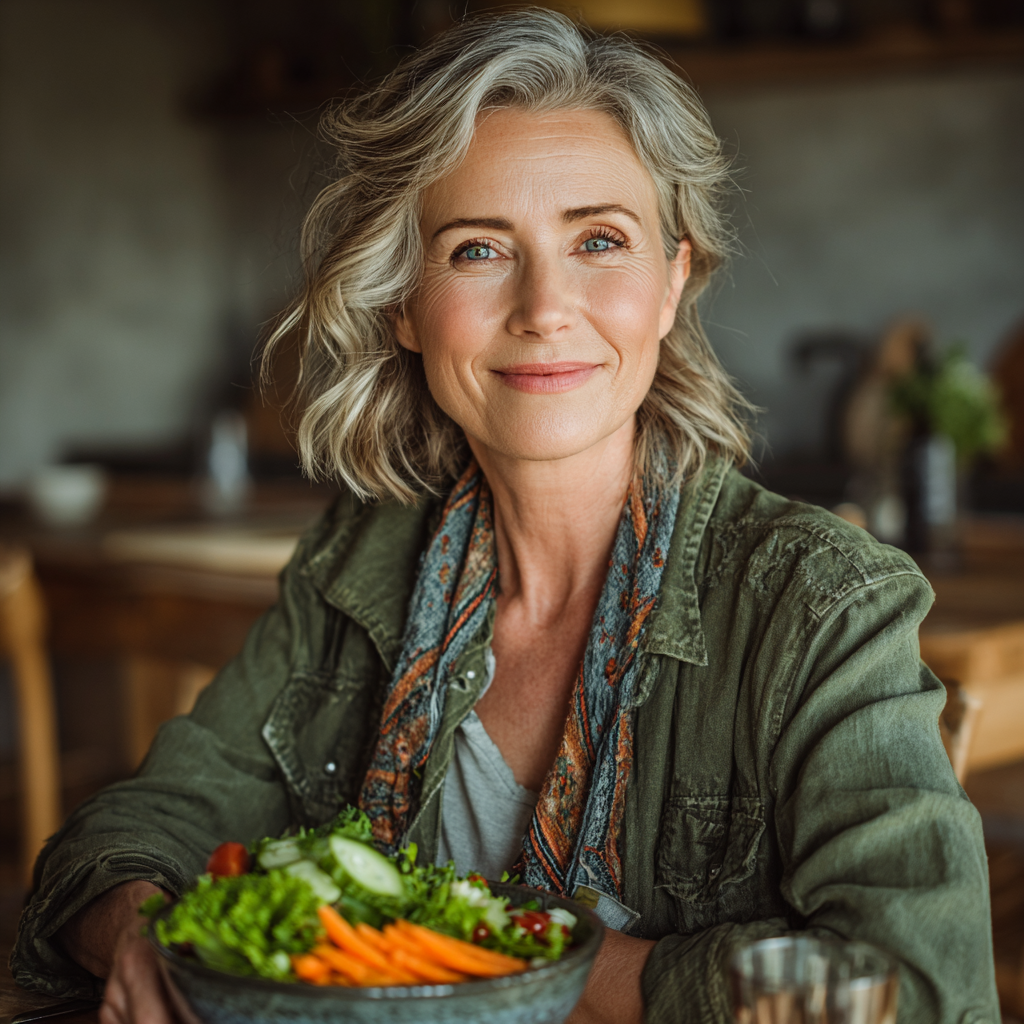 Smiling middle-aged woman in her 40s holding a colorful healthy salad bowl with fresh vegetables, sitting at a modern kitchen table with natural lighting
